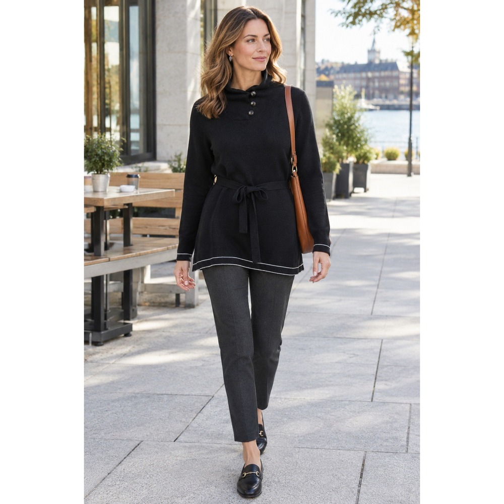 NWT Helly Hansen Embla Black Cotton Belted Tunic‎ Sweater High Neck L